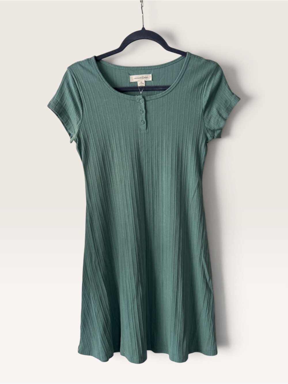 Treasure & Bond Girls Short Sleeve Ribbed Henley Dress - Teal Green, XL (14/16)